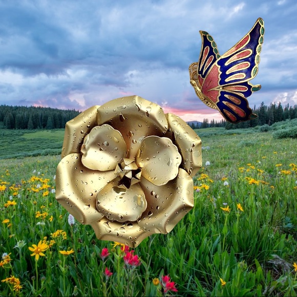 Golden Dew Kissed Metal Rose w/ Enamel Butterfly - Picture 2 of 7